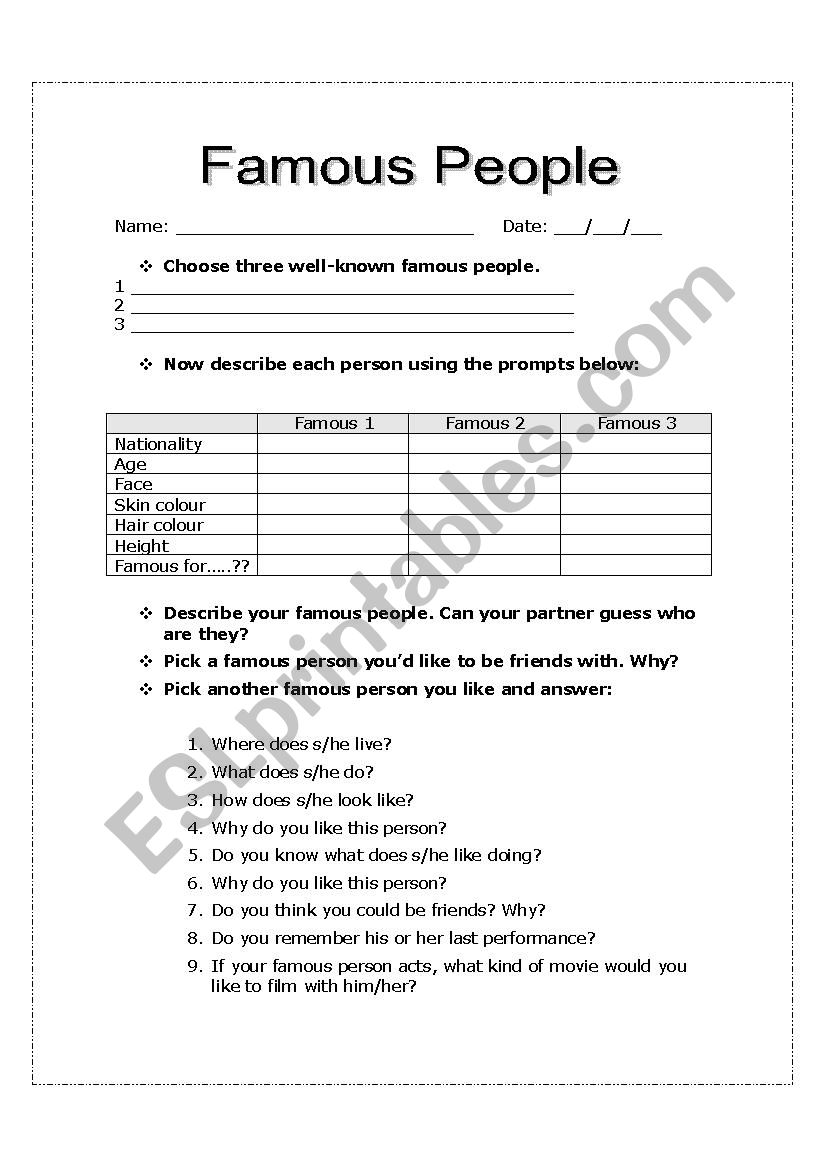 famous people worksheet