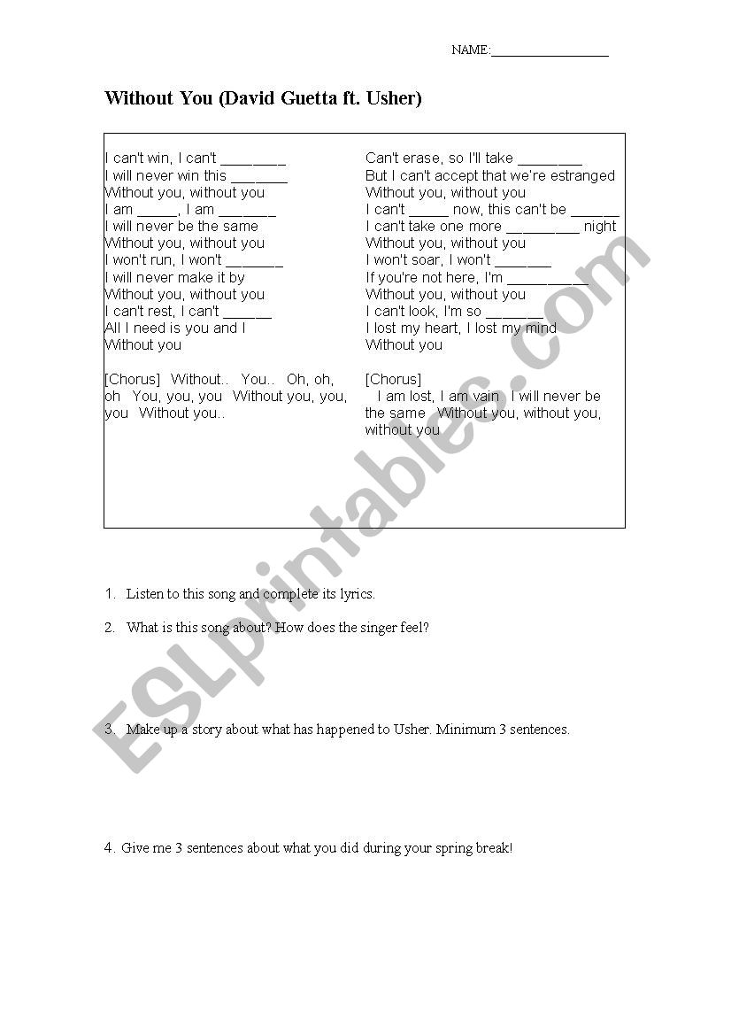 Without You - Usher worksheet