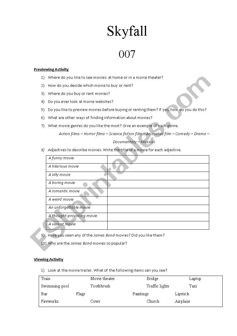 Skyfall (Movie Trailer) worksheet