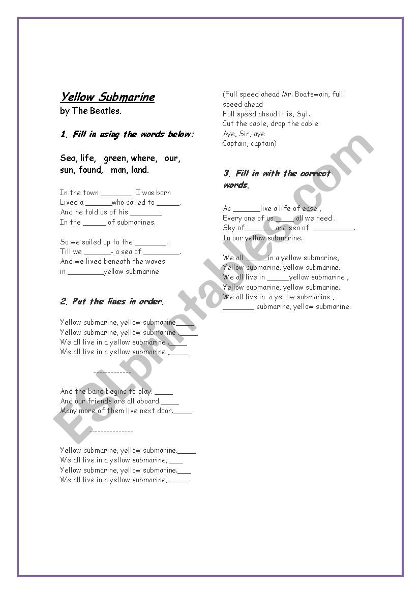 Yellow Submarine worksheet