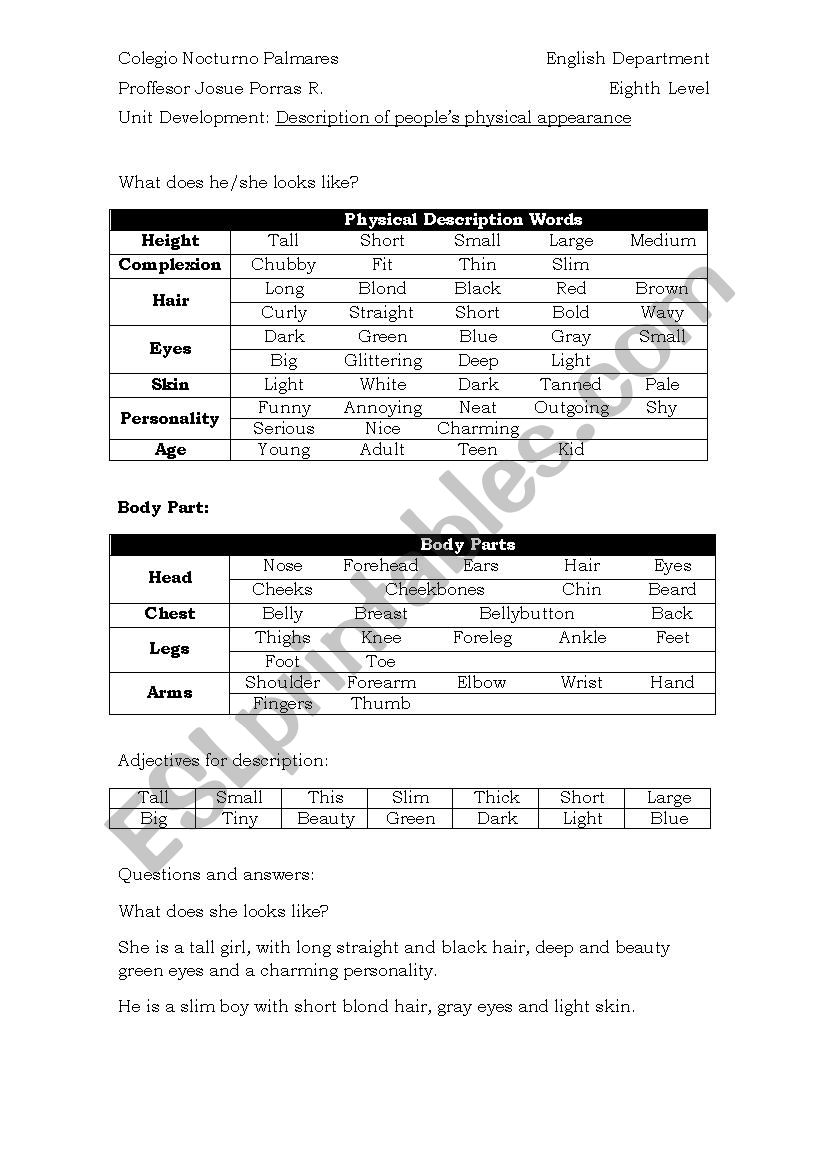Description and Comparison worksheet