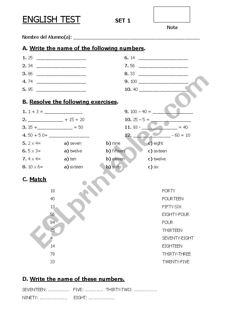 TEST ON NUMBERS  worksheet