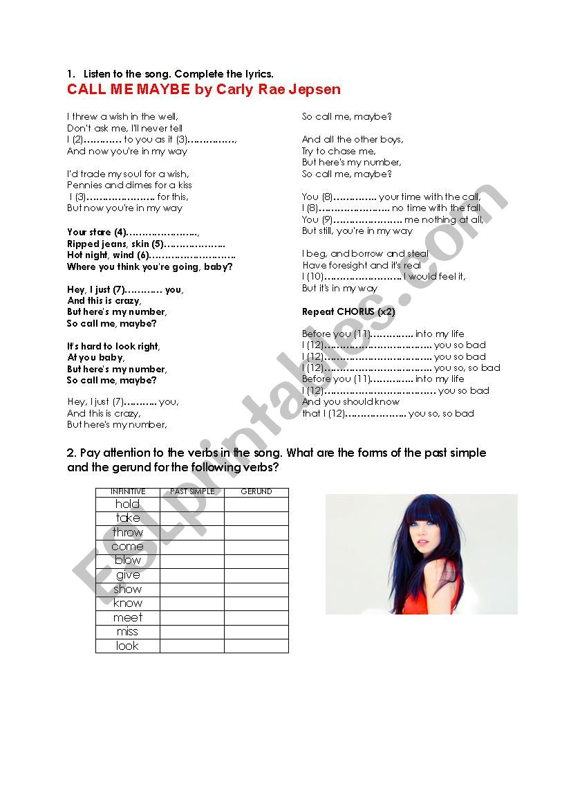 Song Worksheet Call Me Maybe Past Simple And Continuous Esl Worksheet By Carogrivas