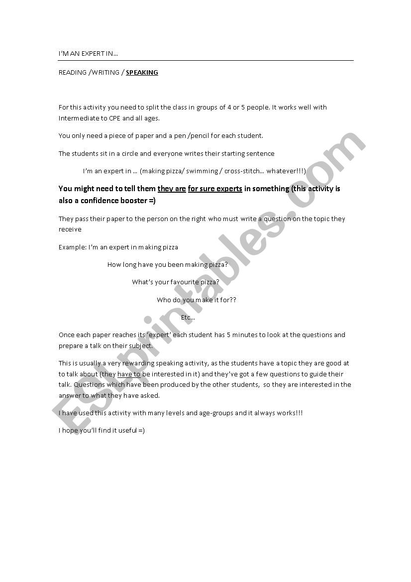 I´M AN EXPERT IN... - ESL worksheet by hook