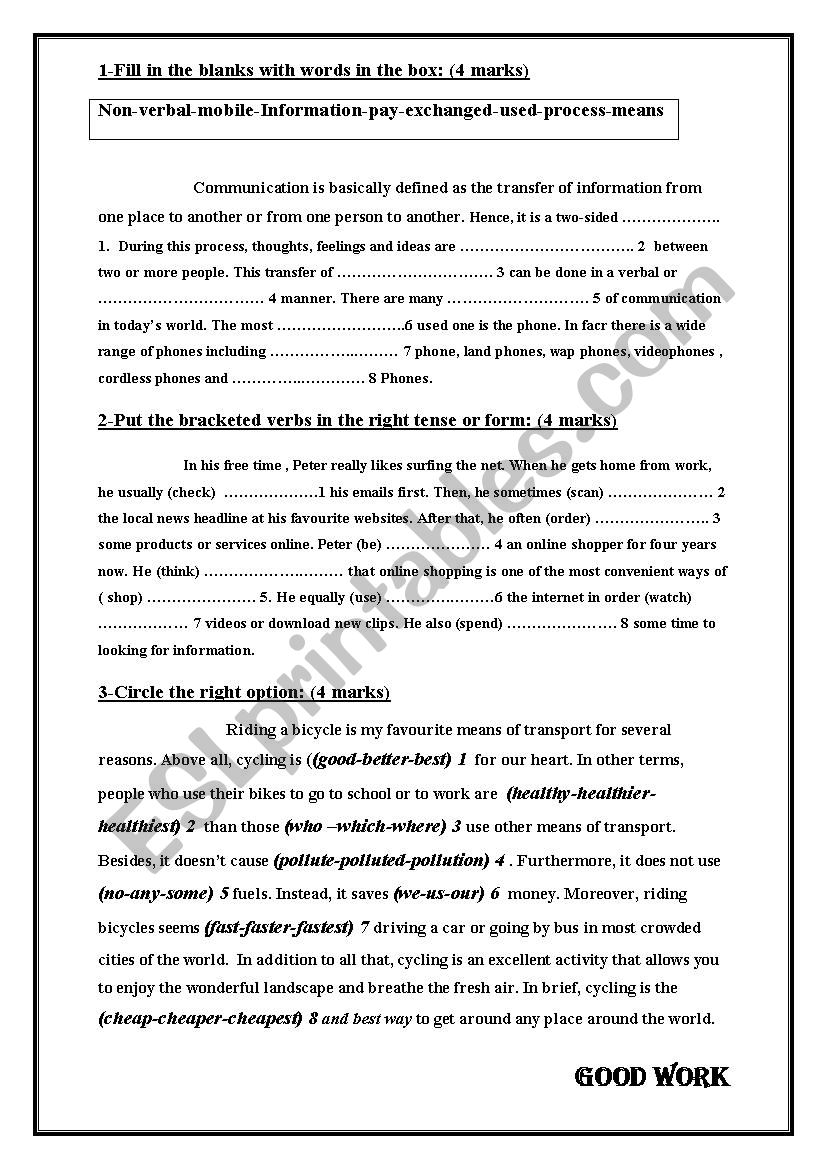 Mid term testn3 9th form worksheet