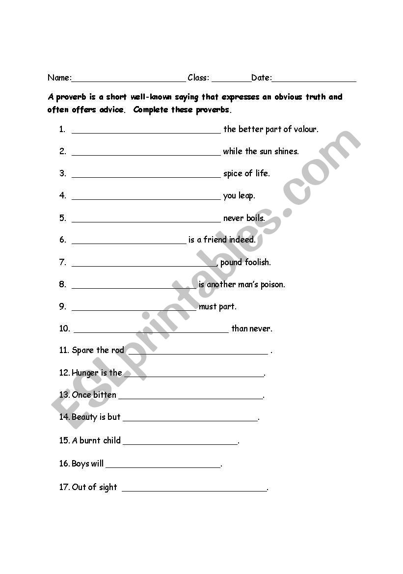Proverbs and idioms worksheet