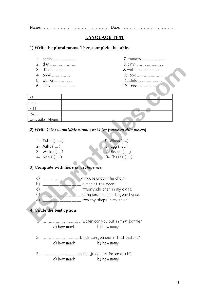 LANGUAGE TEST worksheet