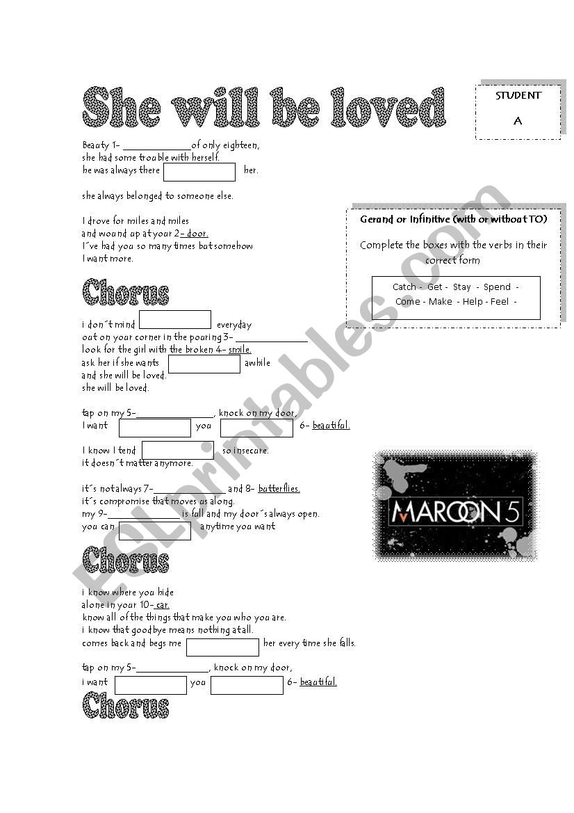 Song She will be loved worksheet