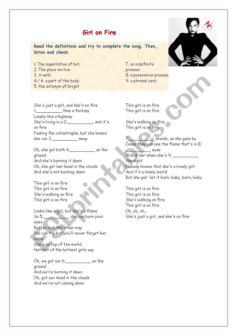 Song - Girl on Fire worksheet