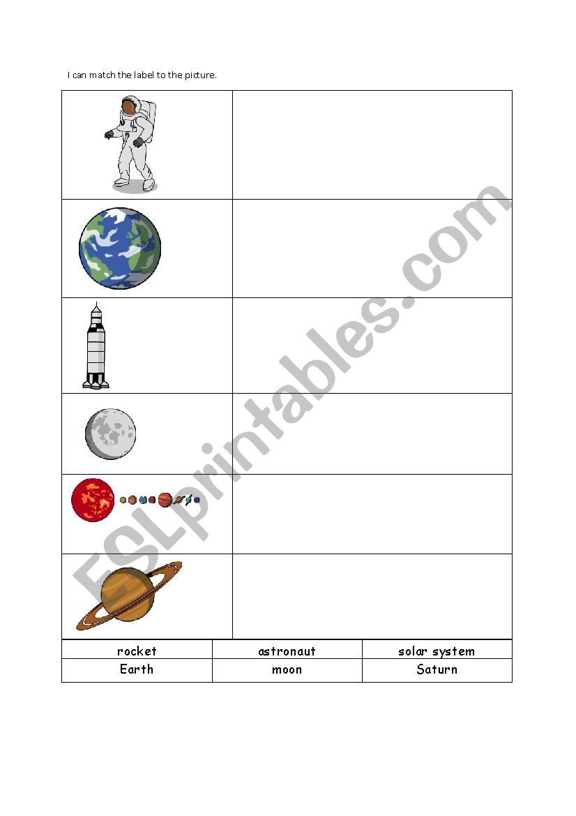 Outer Space label matching worksheet