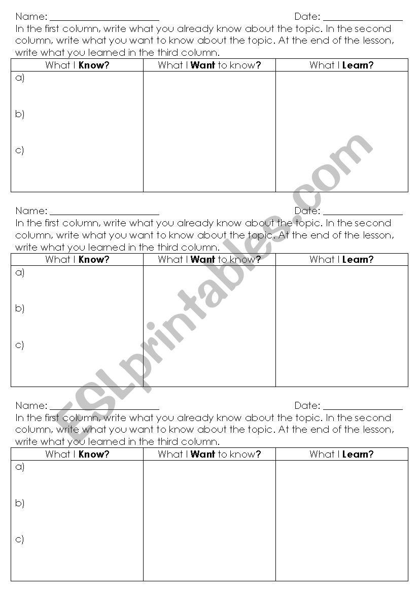 know, want, learnt worksheet