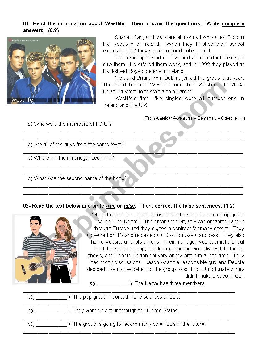 Boy band worksheet