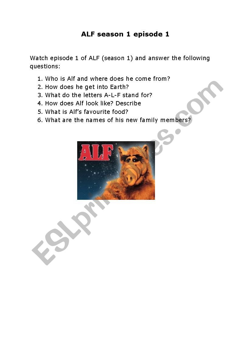 Alf episode 1 season 1 worksheet