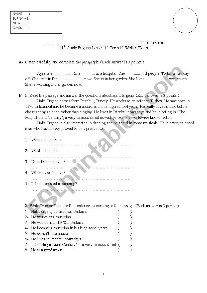 11th Grades Exam Paper worksheet