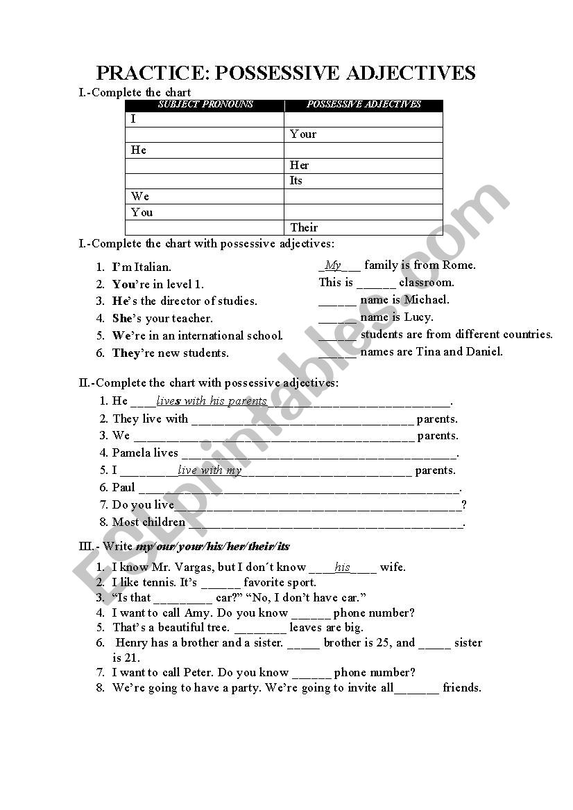 POSSESSIVE ADJECTIVES worksheet