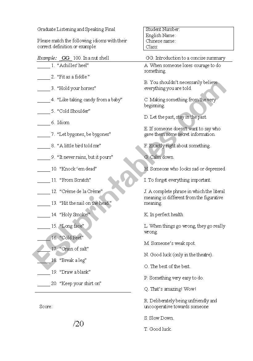 Idioms worksheet