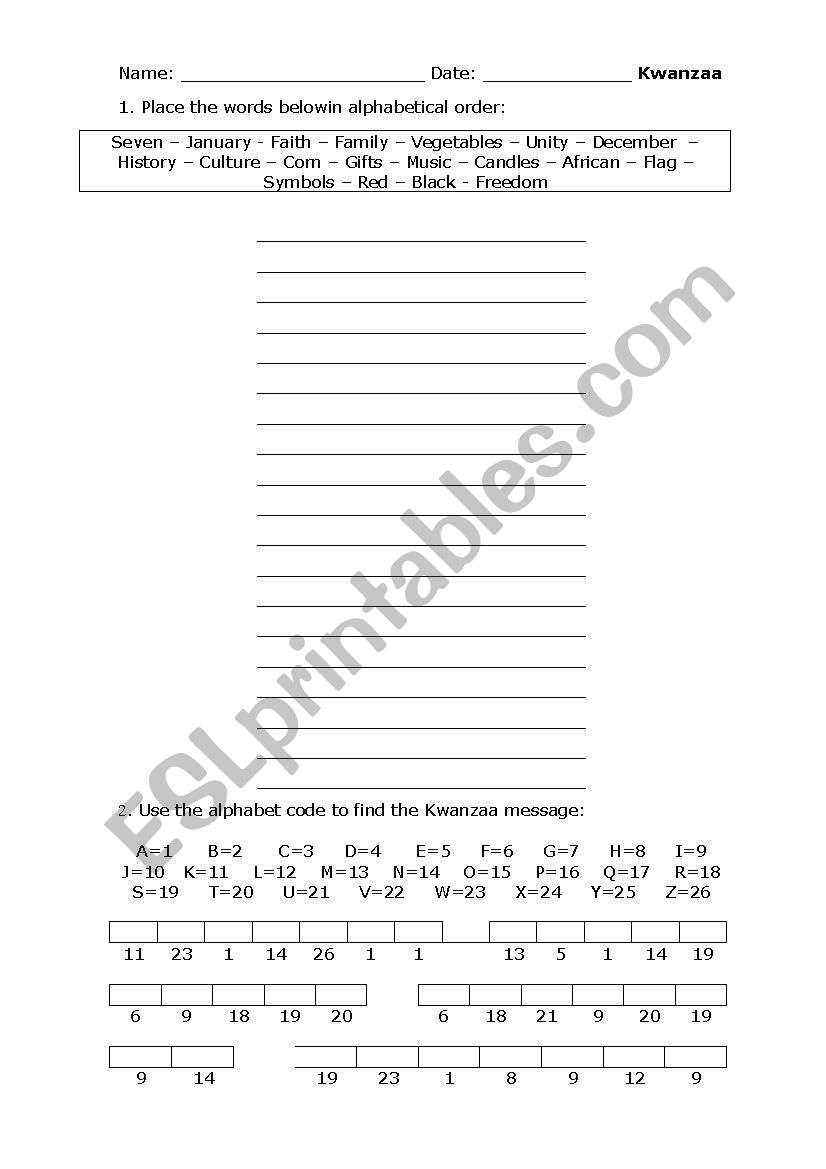 Kwanzaa worksheet