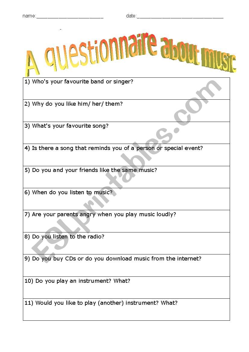 Questions about music worksheet