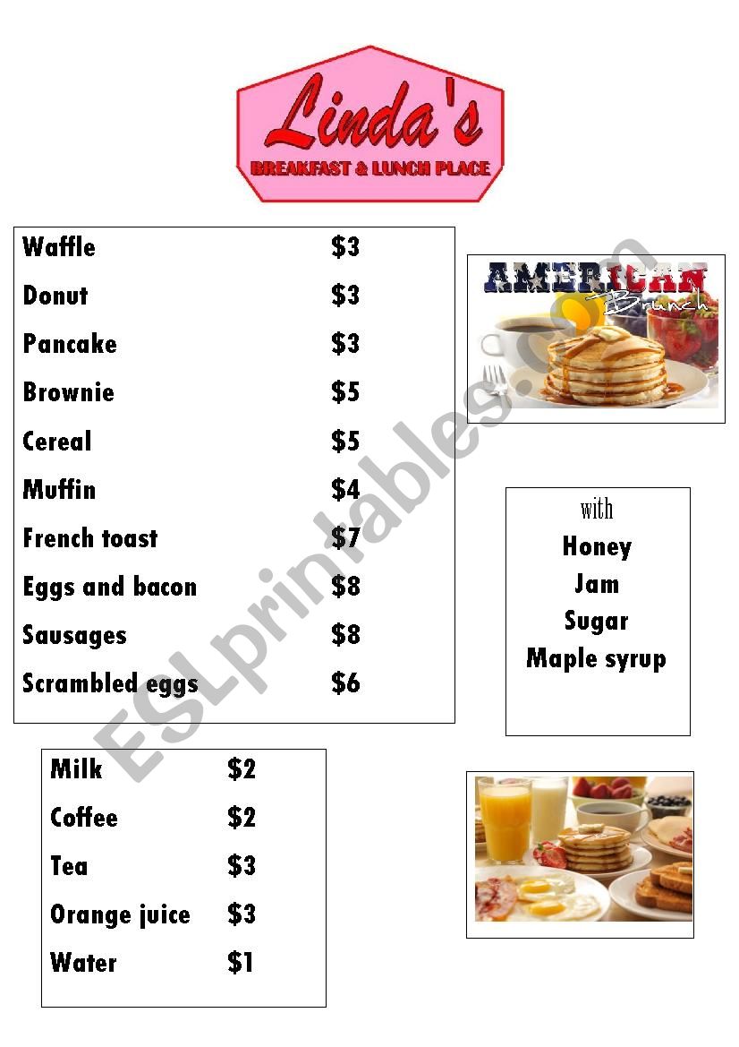 American breakfast menu worksheet