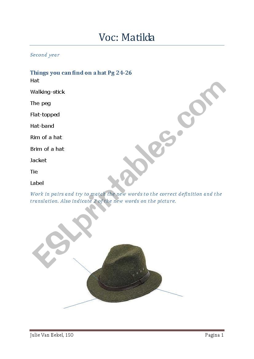 parts of a hat  worksheet