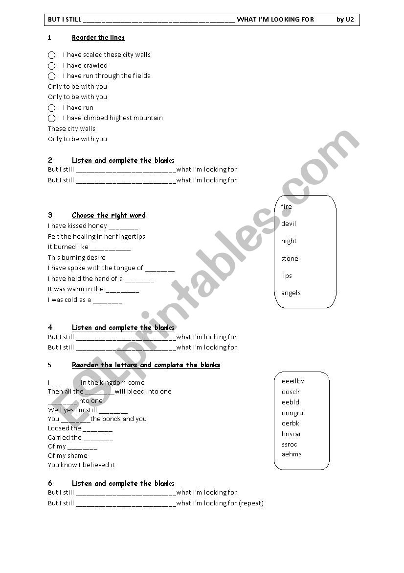 U2 song worksheet worksheet