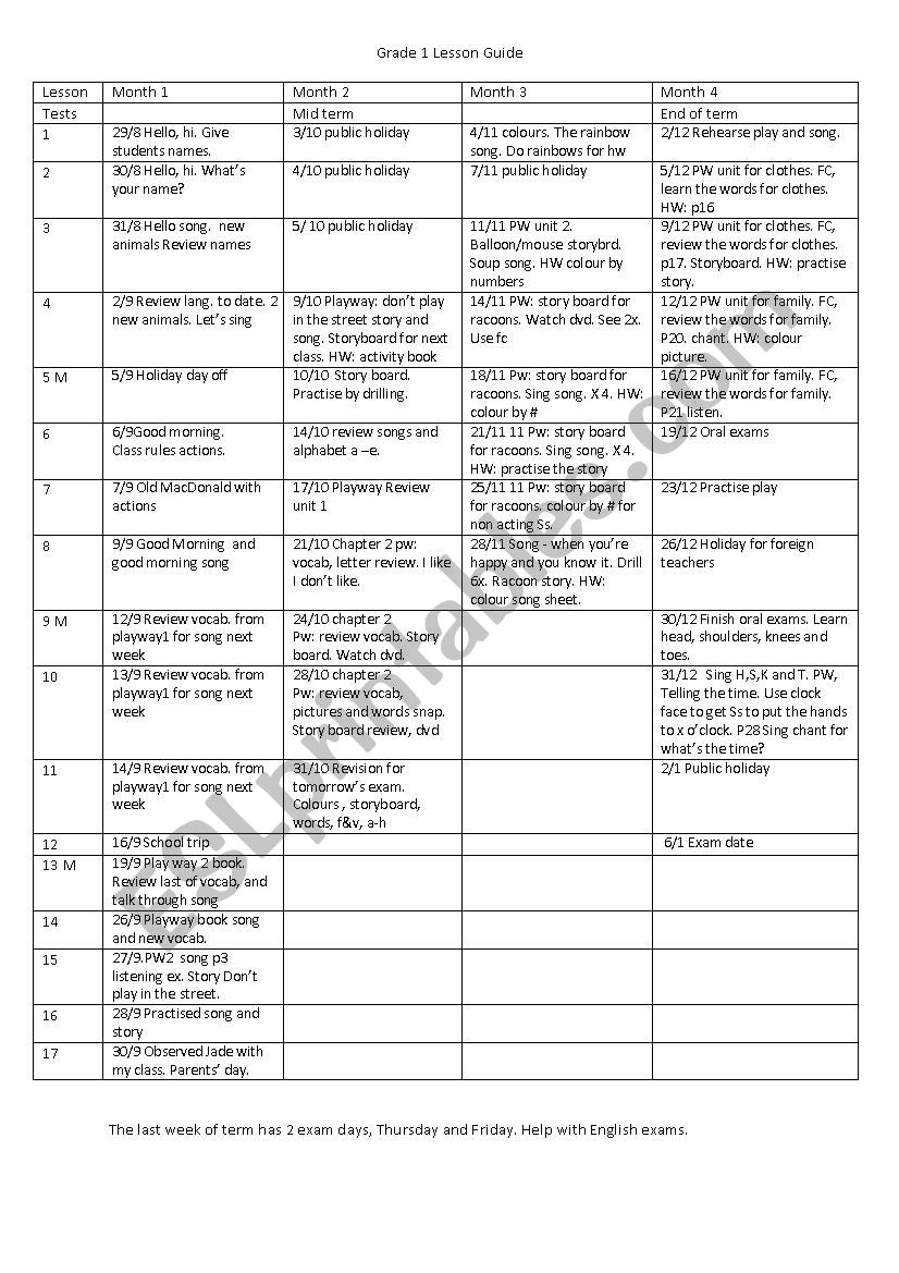 Grade 1 lesson guide worksheet