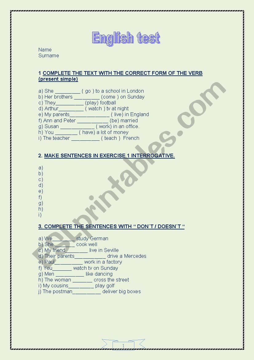 english tests worksheet