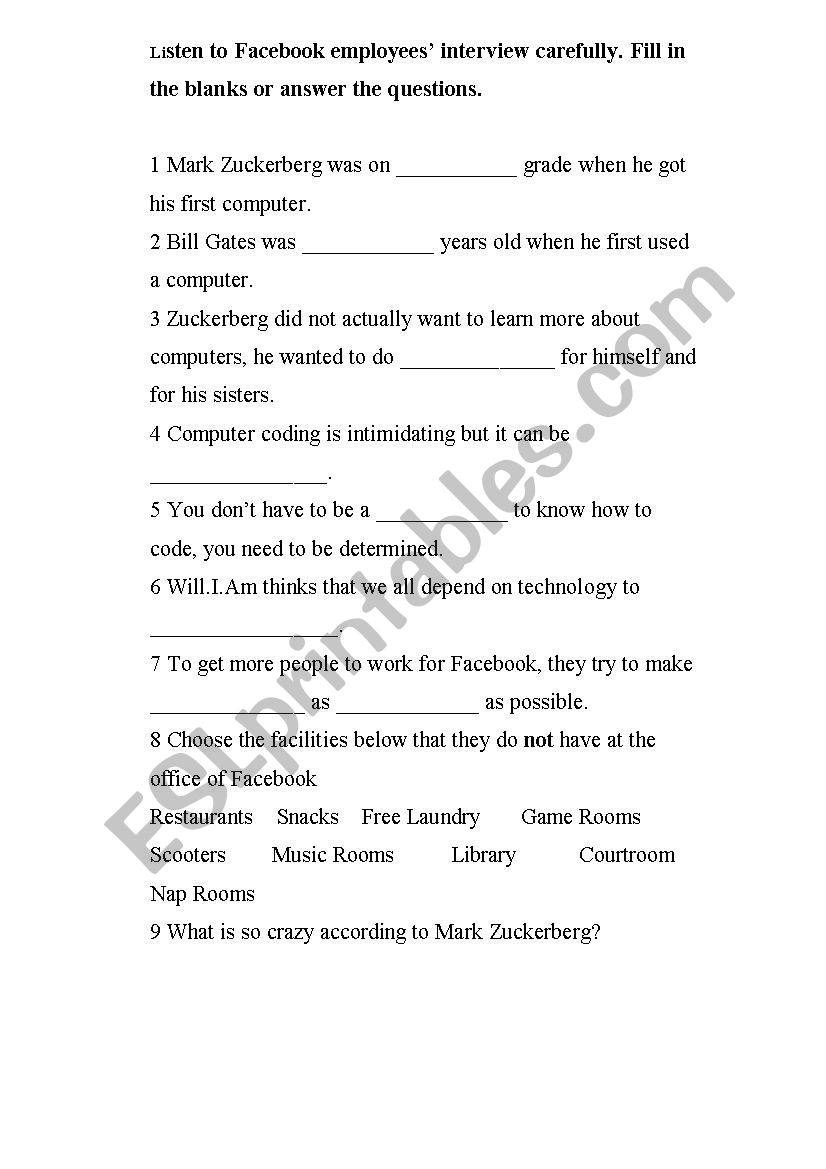 Listening Exercise about Computers and Facebook - ESL worksheet by funda1