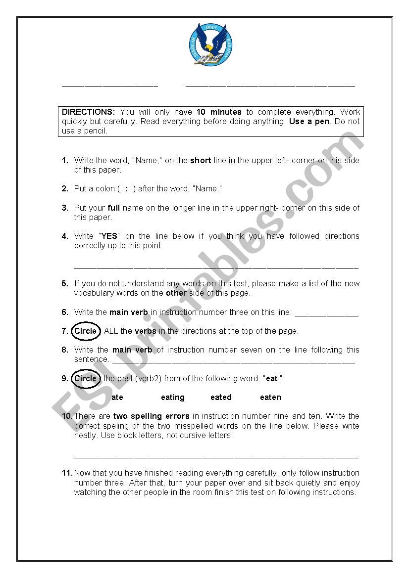 can you follow instructions worksheet
