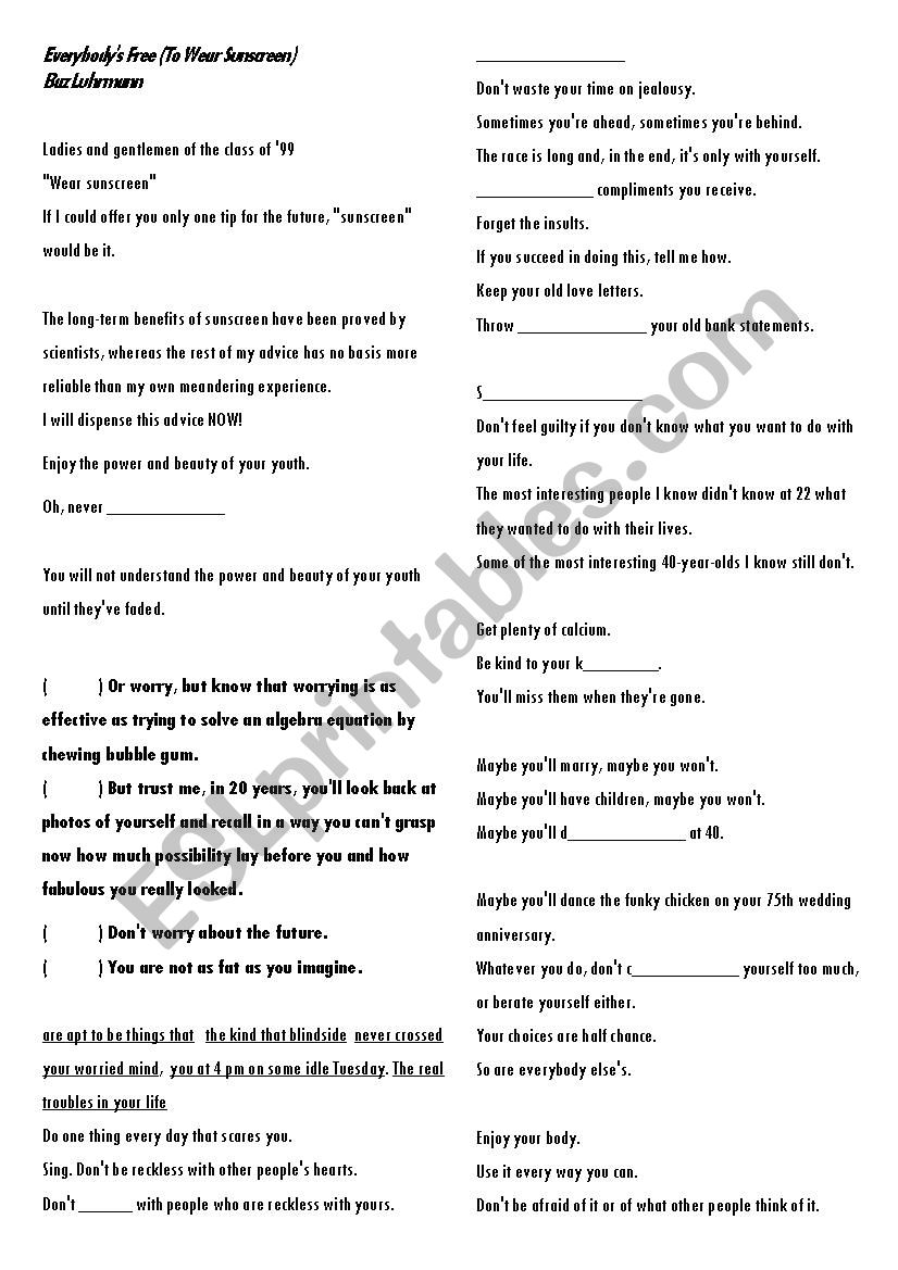 Everybody´s Free (To Wear Sunscreen) - ESL worksheet by salesgomes