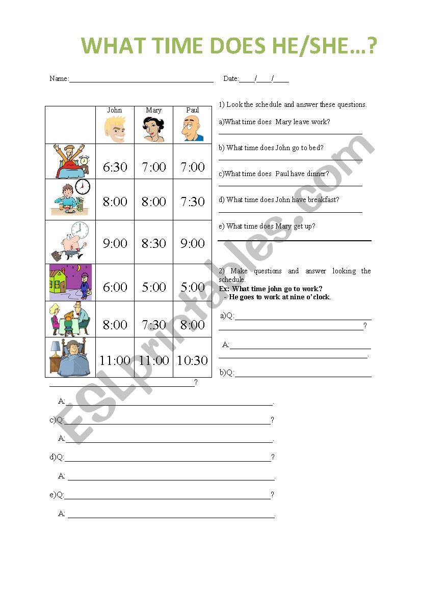 What time does he/she....? worksheet