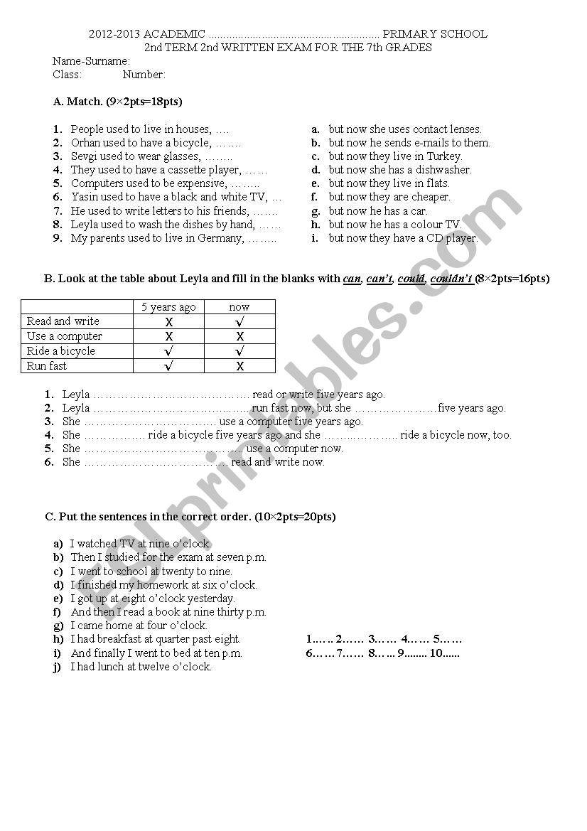 7th Grade second term second written exam