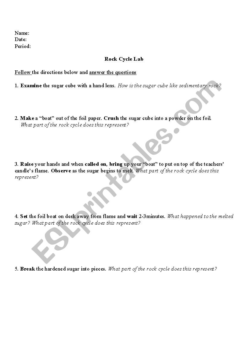 Rock Cycle Lab worksheet