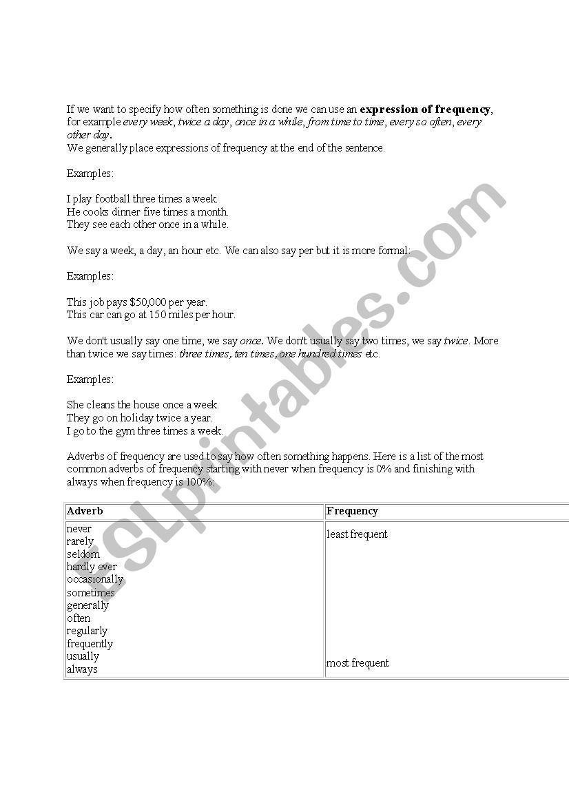 Expressions of frequency worksheet