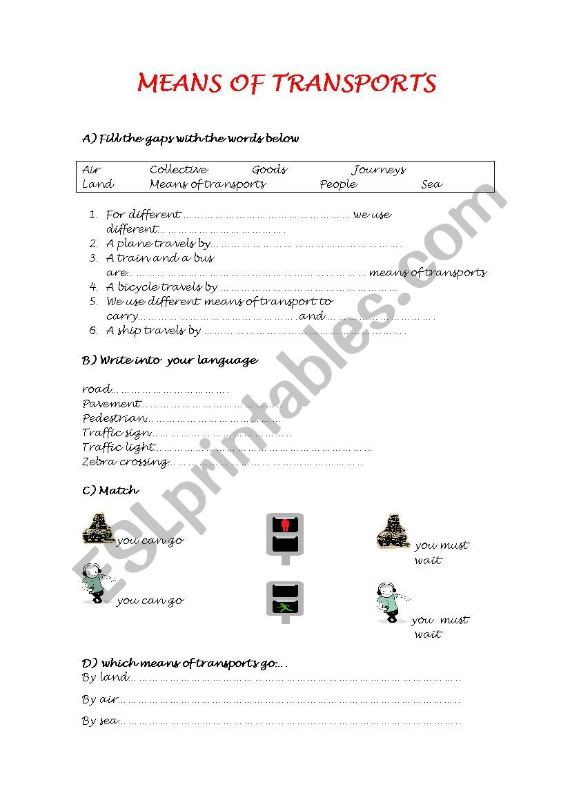 means of transport worksheet