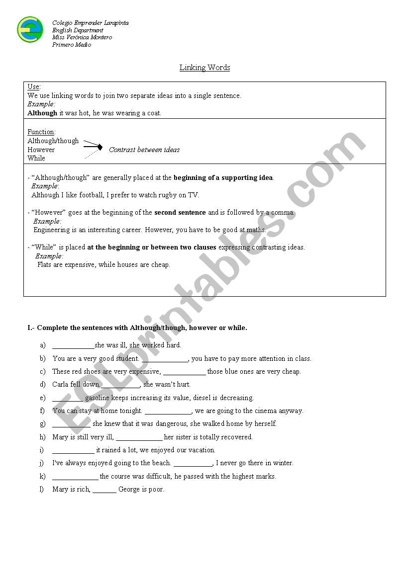 linking words worksheet worksheet