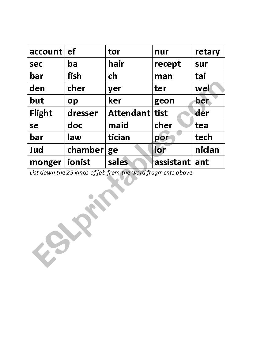 Job Word Fragment worksheet