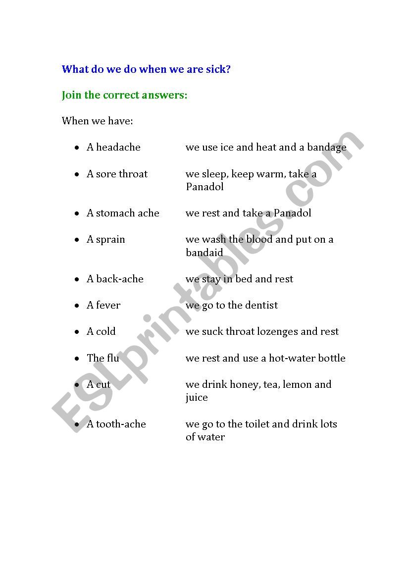 Health- sicknesses worksheet