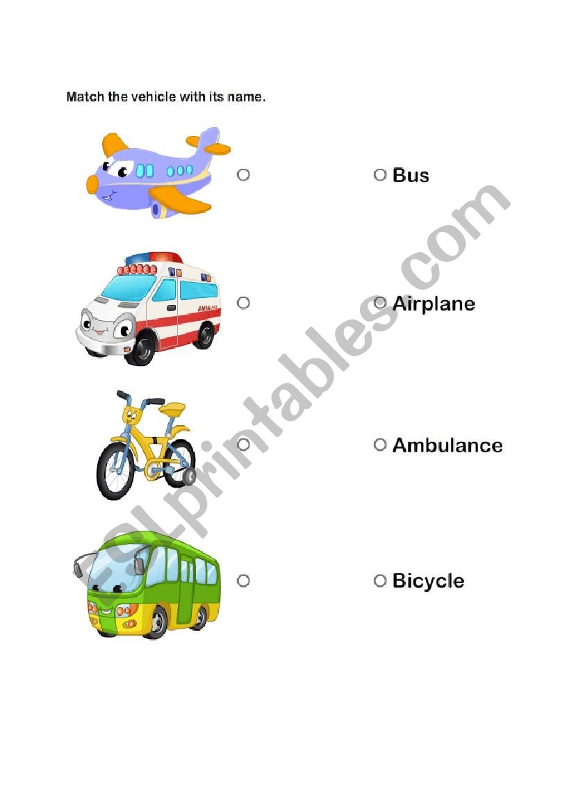 Matching Transportation worksheet