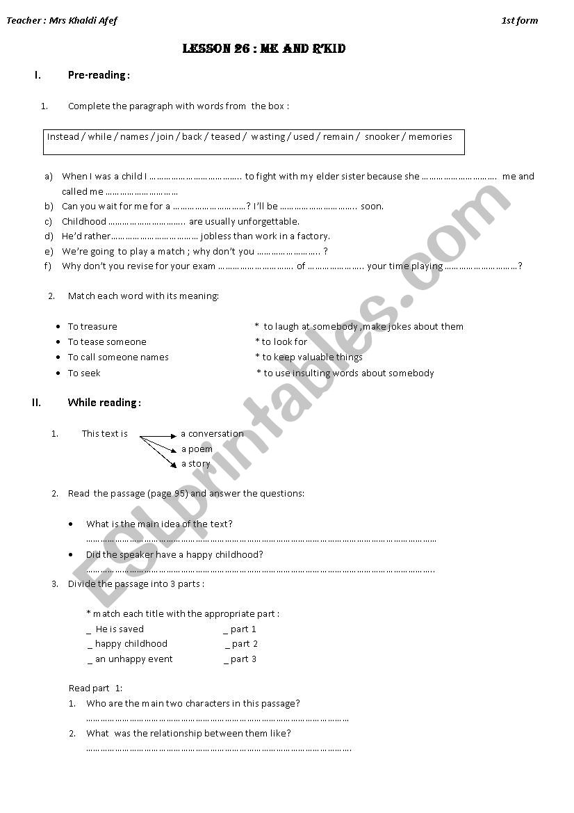 Me and R´Kid (a poem) for 1st form - ESL worksheet by afoufa09