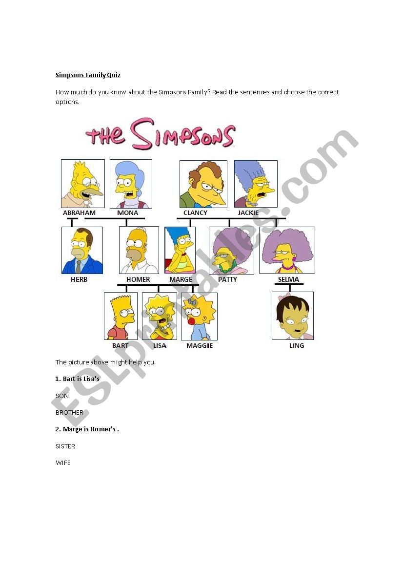 simpsons family quiz worksheet