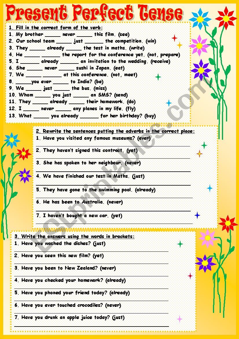 Present Past Future Perfect Tense Exercises With Answers