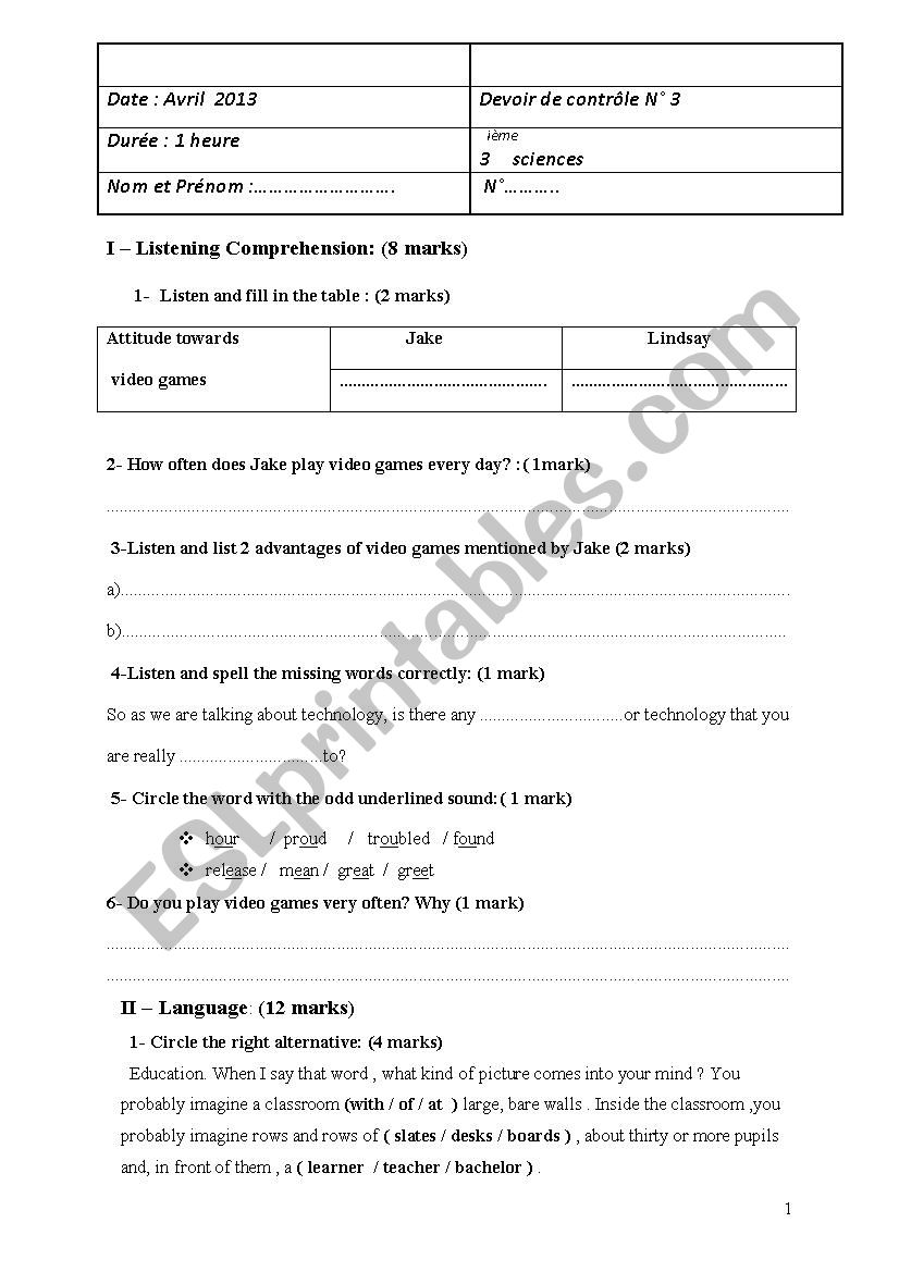 mid term test n°3 3rd year , Tunisian program - ESL worksheet by sabeur