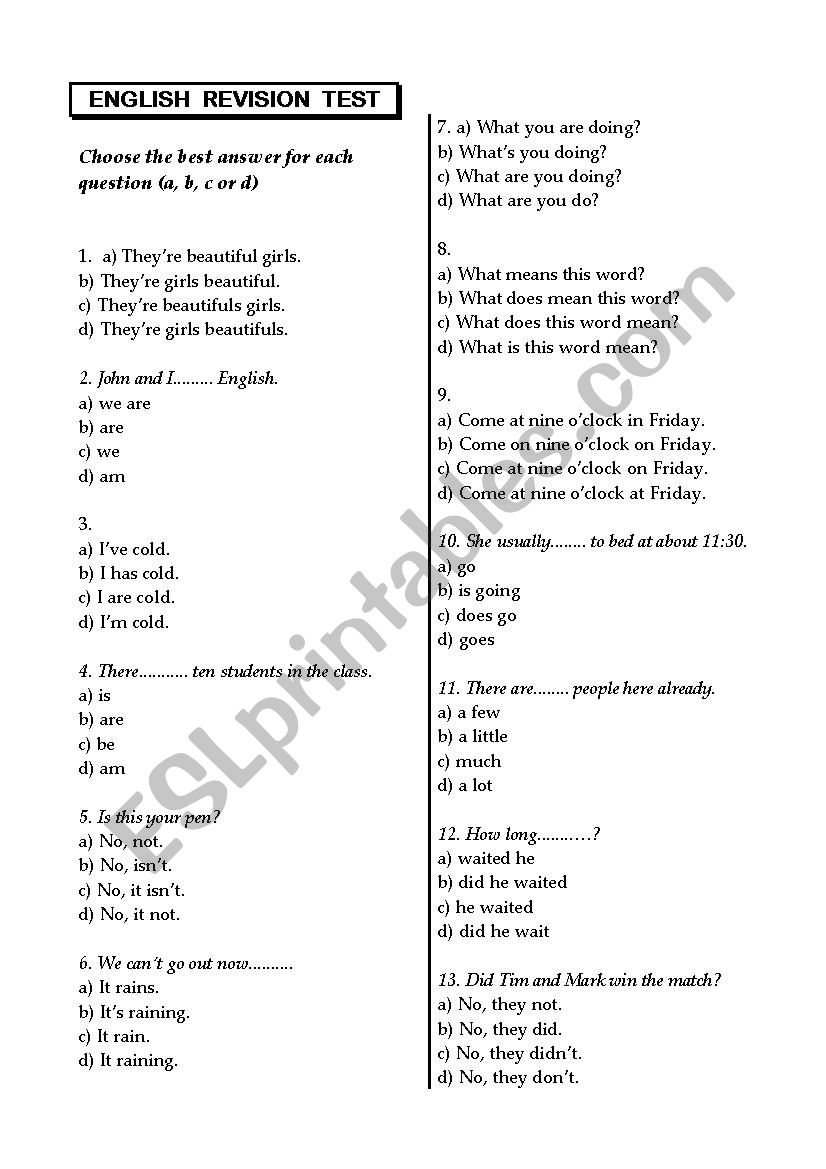 Revision exercises worksheet