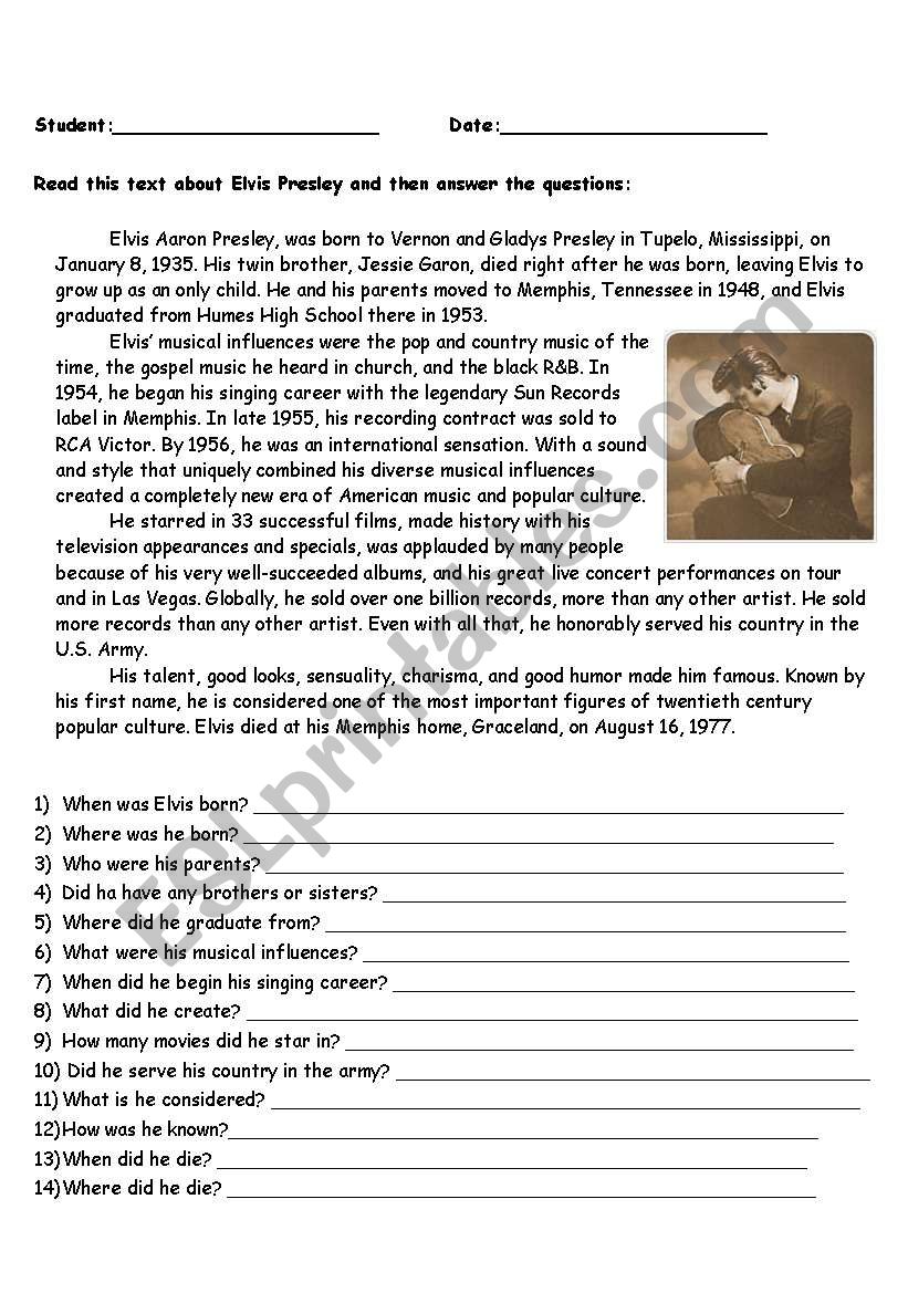 Elvis´s Biography - ESL worksheet by allyneturano