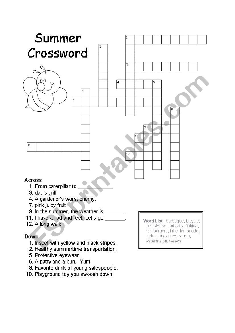 Summer crossword worksheet