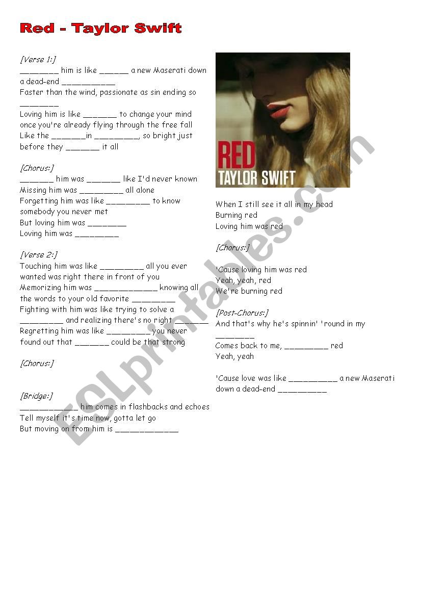 Taylor Swift Red Comparative Similes ESL Worksheet By Dingjai