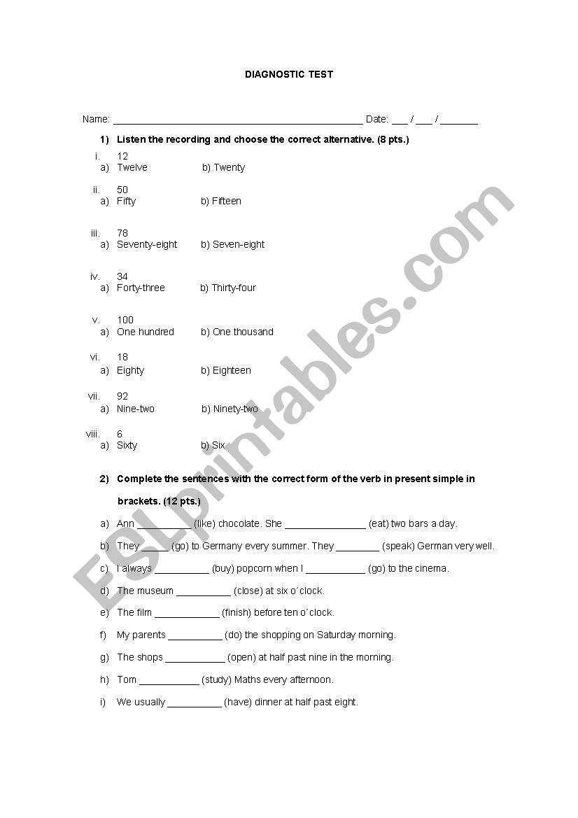 Diagnostic test worksheet