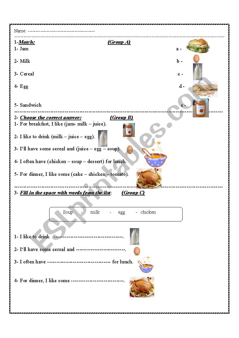 food worksheet