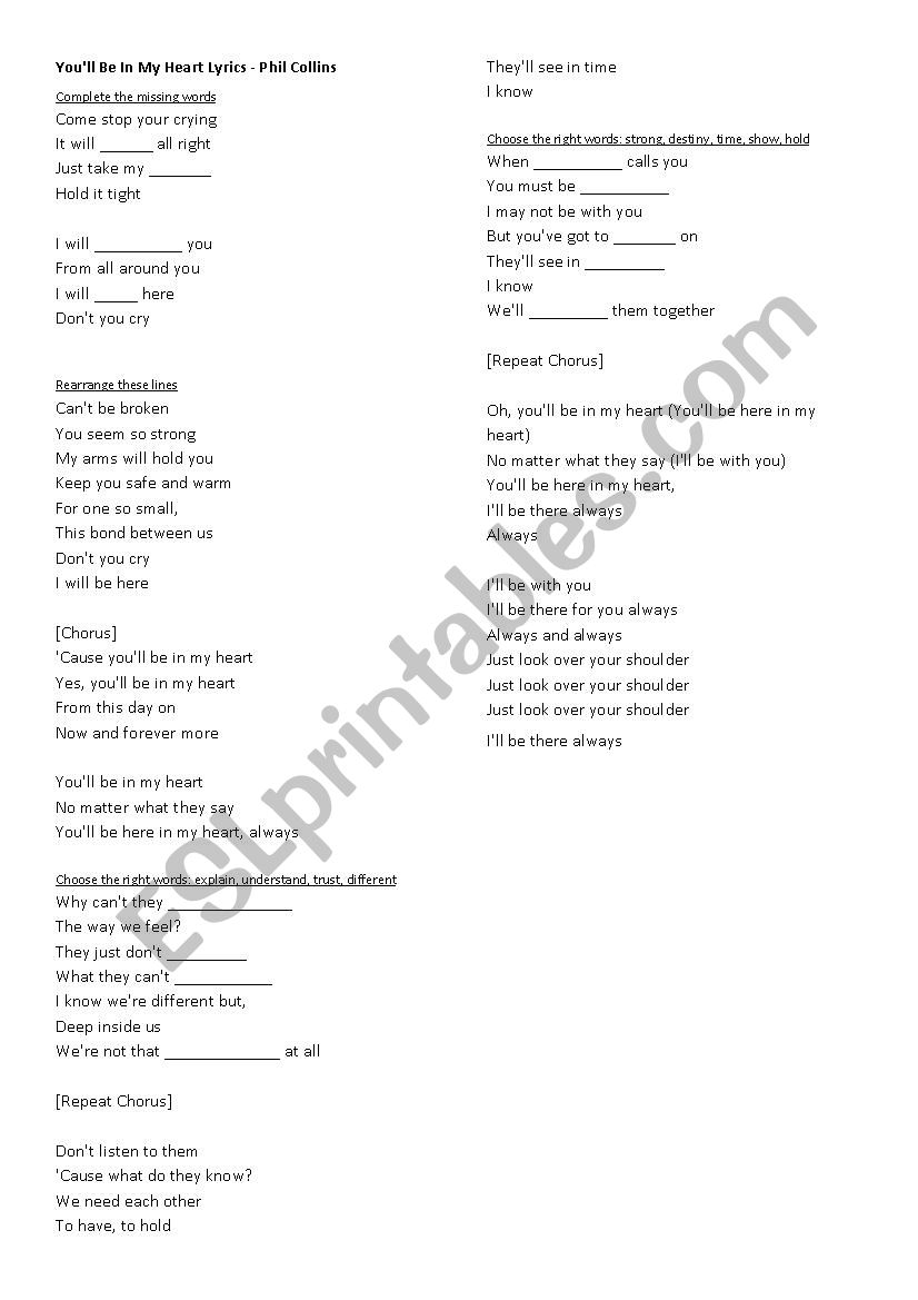 You´ll be in my heart - ESL worksheet by NatCot